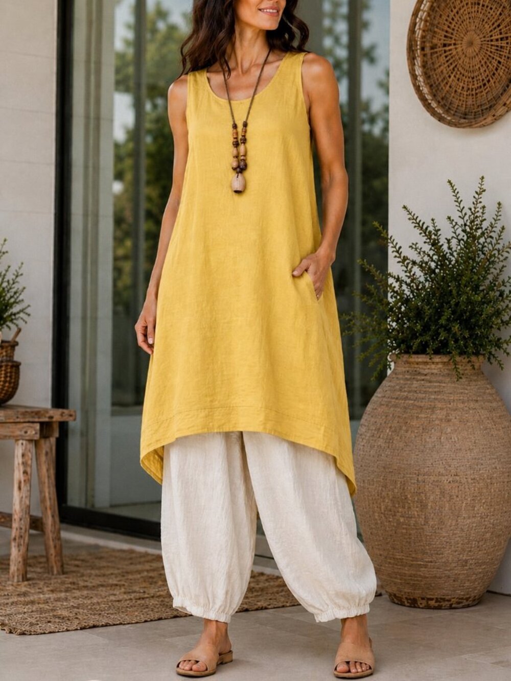 Rosmarine 100% Linen Hi Lo A-line Golden Sun Midi Dress M Lagenlook Coastal EUC